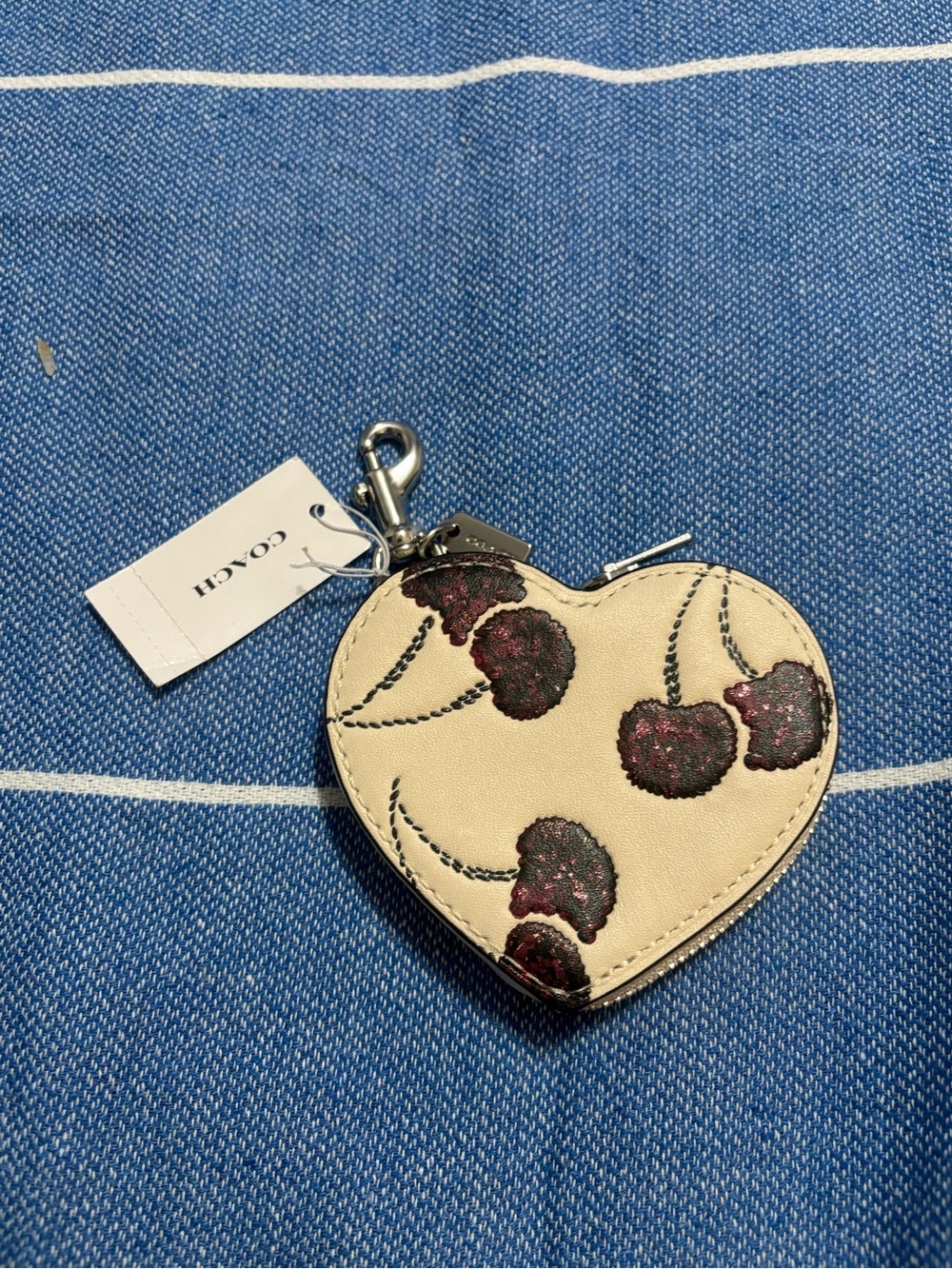 Coach Cream Heart Coin Pouch with Red Glitter Cherry Detail